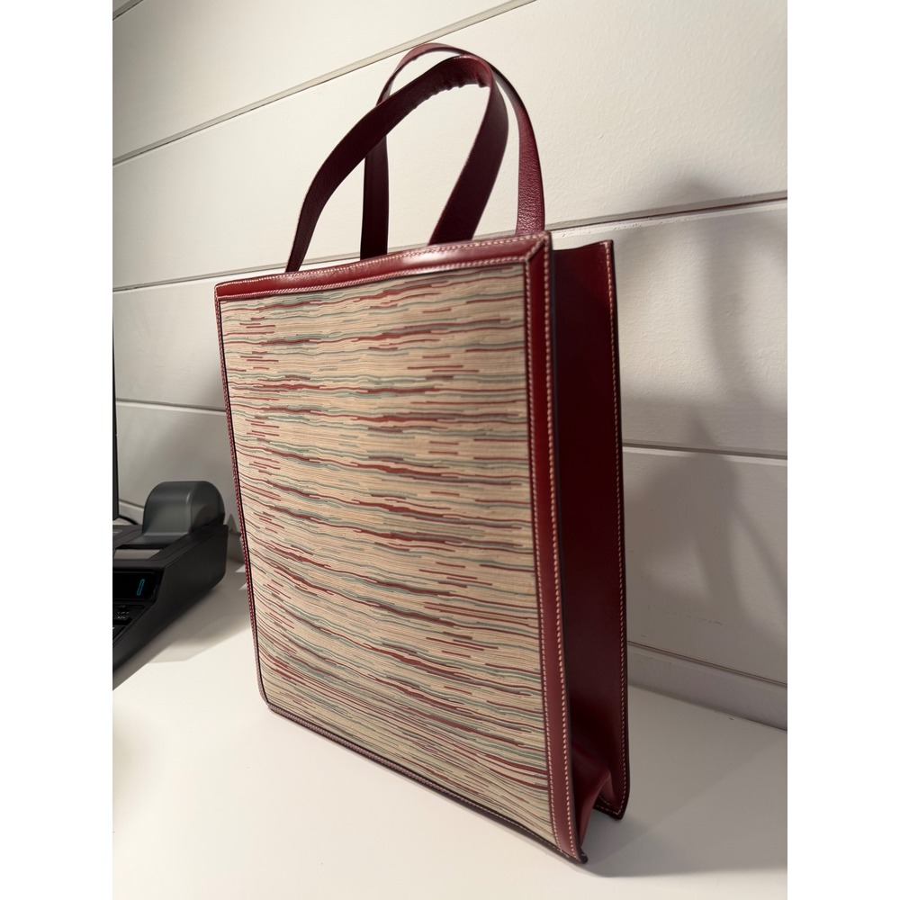 Hermes Vintage Tote Bag Burgundy Red Leather Woven Textile Striped Made in Franc - Picture 5 of 11